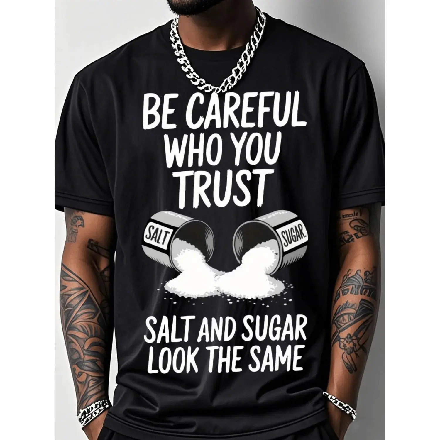 Mens Outdoor Fitness T Shirt Salt Graphic Print BeCareful Who You Trust Slogan Short Sleeve Crew NeckTop Crafted from  with Breathable StretchFabric