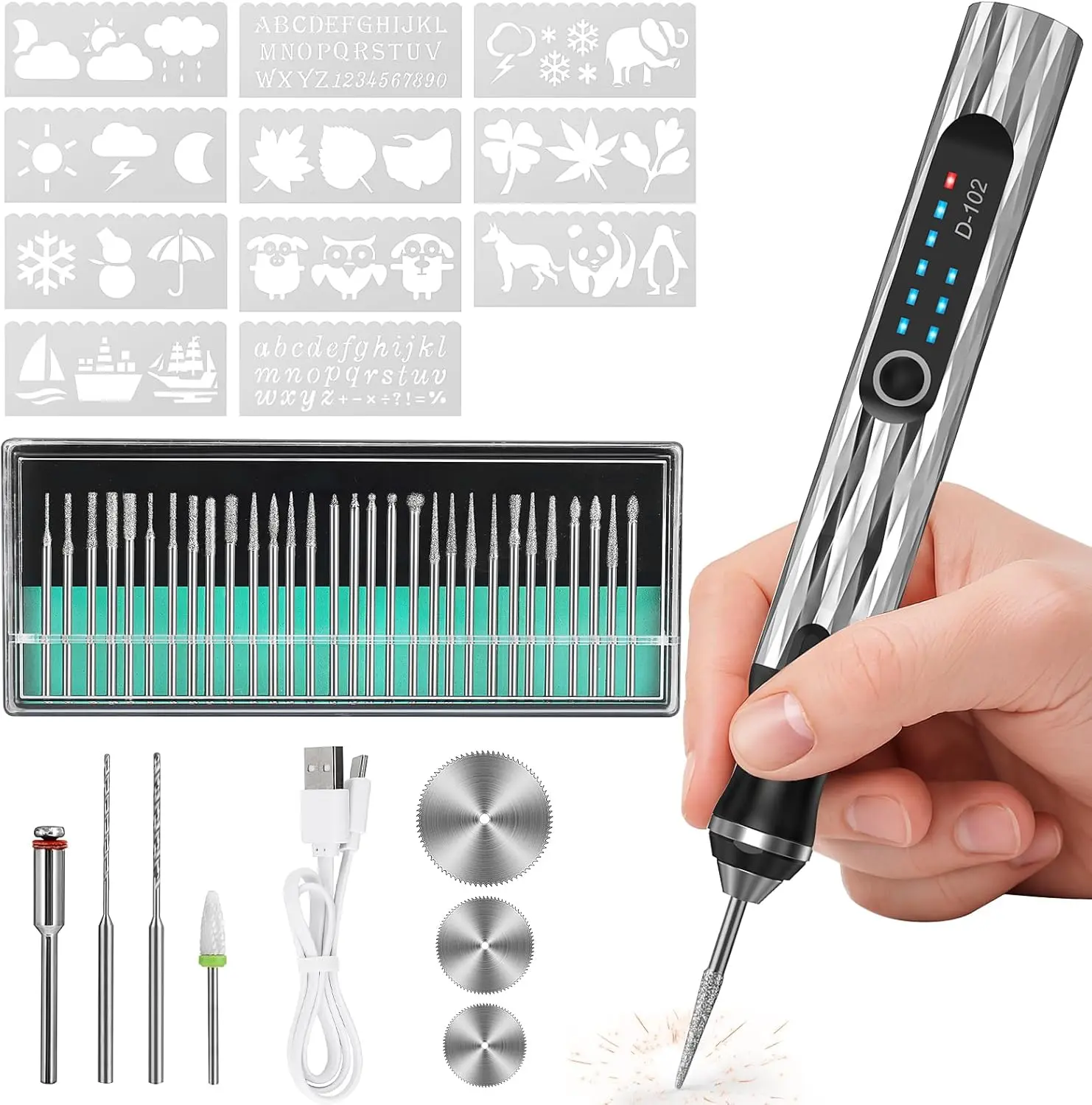Electric Engraving Pen with 37 Bits, Upgrade 2-Way Rotary Cordless USB Rechargeable Engraver for DIY Jewelry, Wood, Glass, and Stone Carving (Silver)