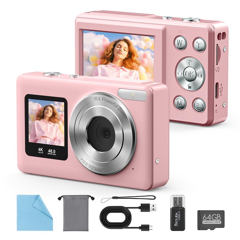 【Valentine's Day gift】HOTU Dual Screen Selfie Camera 4K Mini Y2K Pocket Camera 18X Digital Zoom Rear & Front Lens Rechargeable Type-C Fast Charging Easy Button Control Built-in Filters 64G Card Included Pink Memory Gadget for Kids Teens & Vlogging