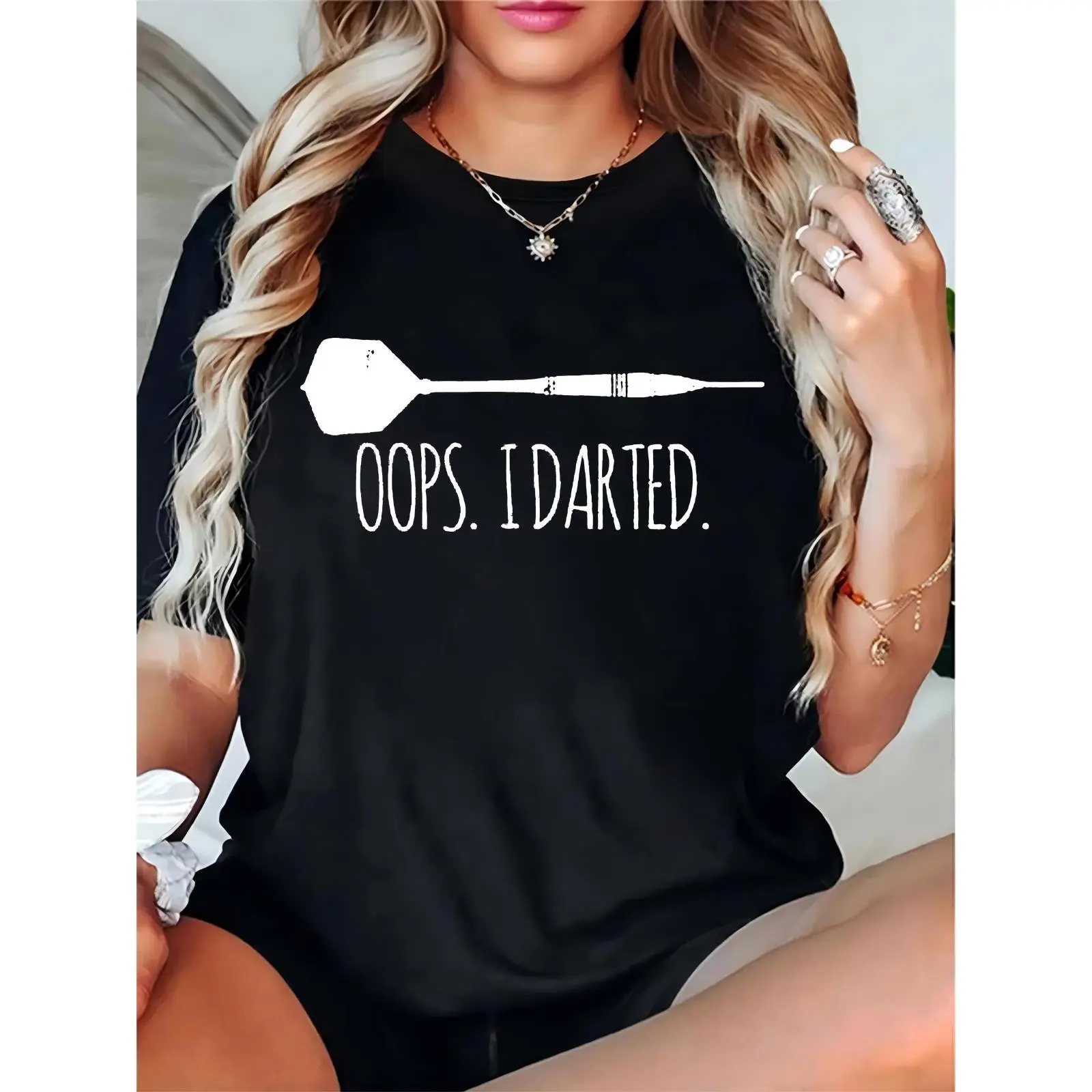 Women’s Funny Dart Graphic T-Shirt 'OOPS. I DARTED.' Casual Short Sleeve Tee for Dart Enthusiasts, Game Nights, Casual Wear
