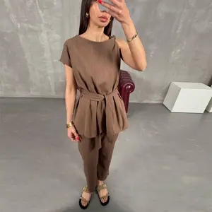 Joyfunear Women's Solid Color Simple Daily Wear Sleeveless Top And Long Pants Vacation Old Money Style Two-Piece Set Back To School Clothes Earthy Clothes Commute Minimalist Office Old Money Simple