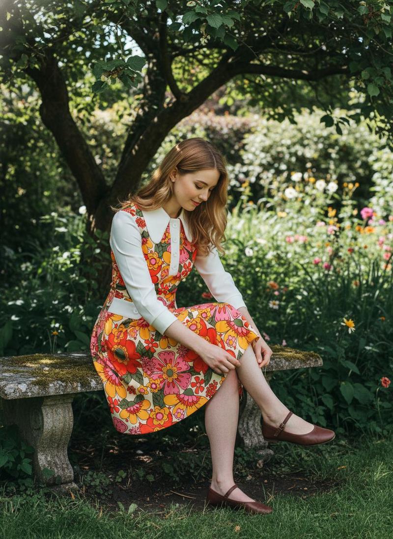 Orange 1960s Lapel Flowers Patchwork Dress Casual Boho Style Spring Holiday Floral Womenswear Holiday