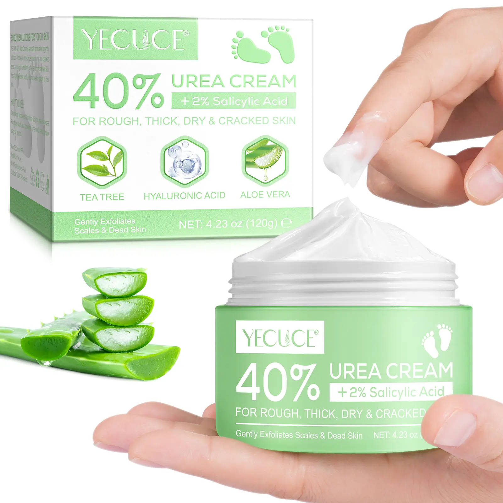 Yecuce 40% Urea 2% Salicylic Acid Aloe Vera Cream - Cruelty-Free Alcohol-Free Self-Care Moisturizer for Dryness, Dry Cracked Heels, Dead Skin Callus Removal, Exfoliation, Keratolytic Barrier Repair (Single Item, All Skin Types) tiktokshopbacktoschool