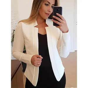 Solid Open Front Blazer, Elegant Long Sleeve Work Office Outerwear, Women's Clothing Jackets Spandex