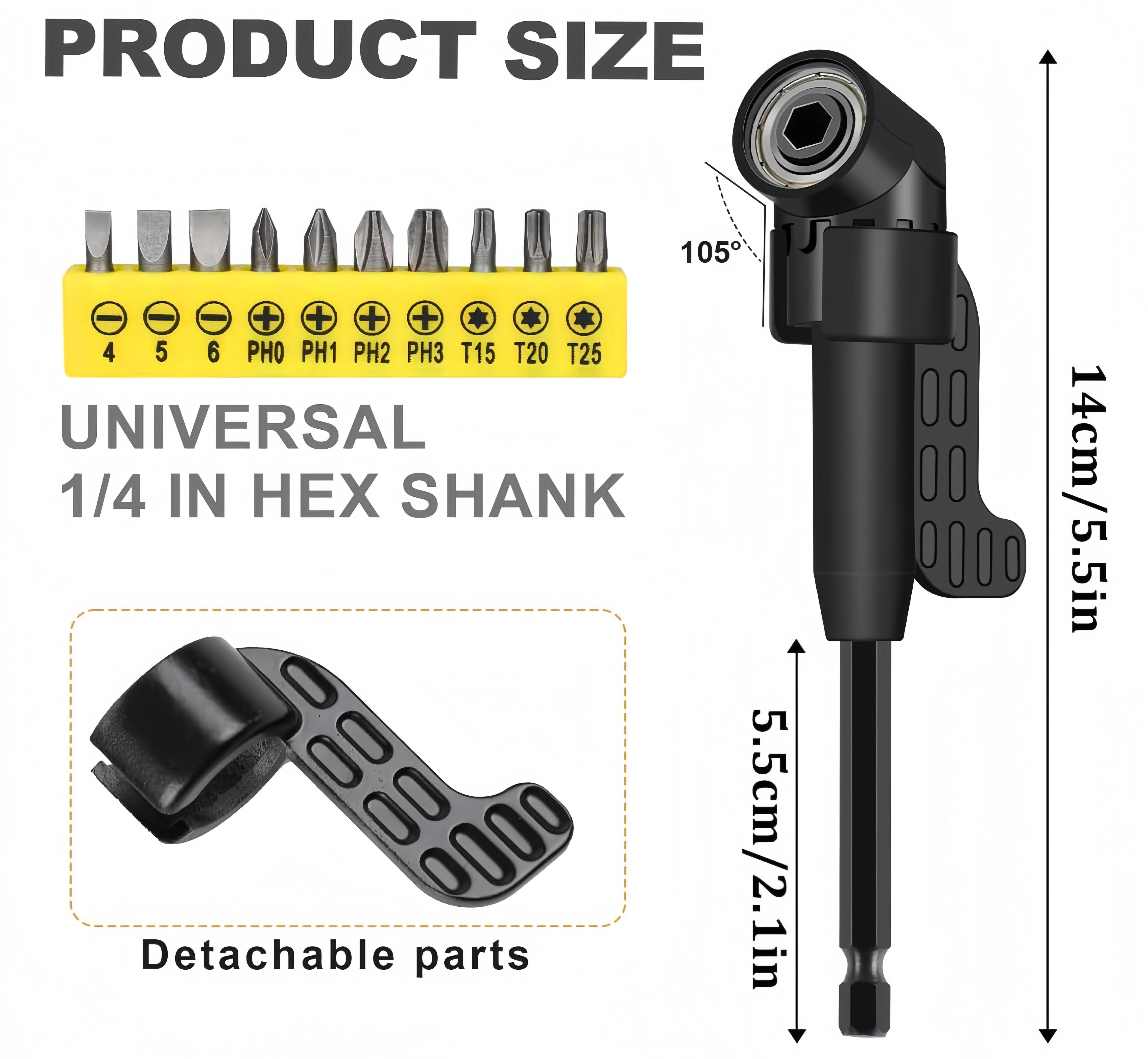 Right-Angle Drill Bit Accessory Set(6pcs), Including 3x 360° Rotatable 1/4", 3/8" & 1/2" Impact-Grade Socket Adapters, 2x 105° Hex Shank Angle Adapters & 90° Right-Angle Drill Bit, Heavy-Duty Tool Kit