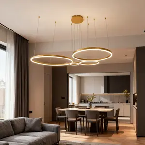CNCEST Modern 4-Light Gold Pendant Light with Remote Control, Adjustable LED Chandelier for Living Room Kitchen Island, 6000LM Dimmable Ceiling Light Fixture, 4-Size Tiered Metal Ring Design