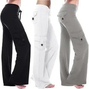 Plus Size Women's High Waist Cargo Yoga Pants - Wide Leg, Bootcut Flare with Multi Pockets for Lounge & Yoga