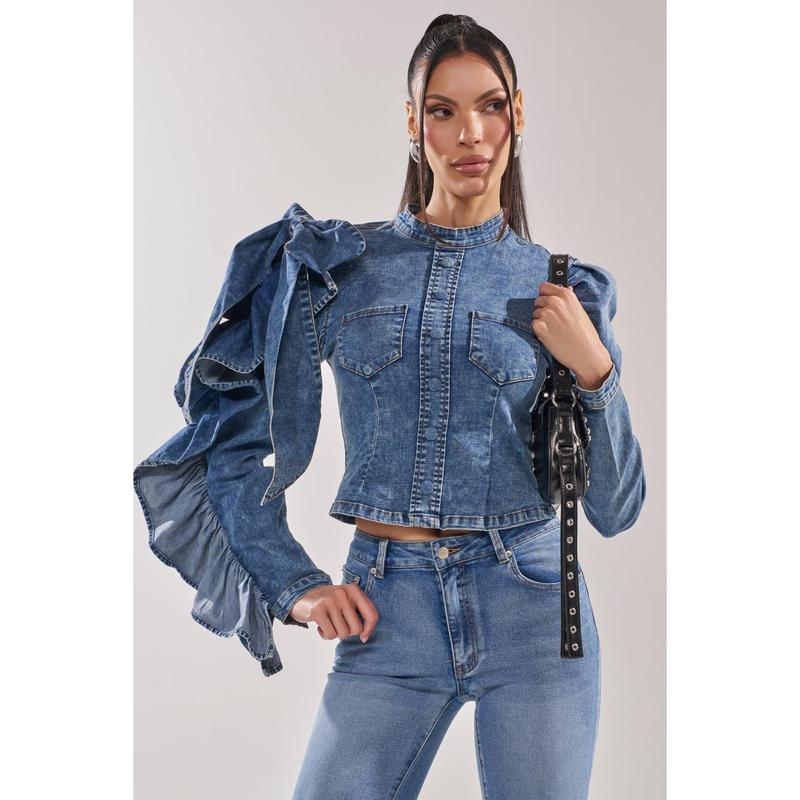 SEIZE THE DAY LONG SLEEVE FLOUNCE MEDIUM BLUE DENIM TOP