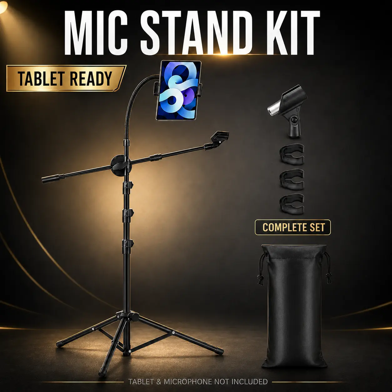 K KASONIC Adjustable Microphone Stand with Tablet Holder, Folding Tripod Mic Stand with Boom Arm, Microphone Clips and Carry Bag for Singing, Karaoke, Recording and Performance