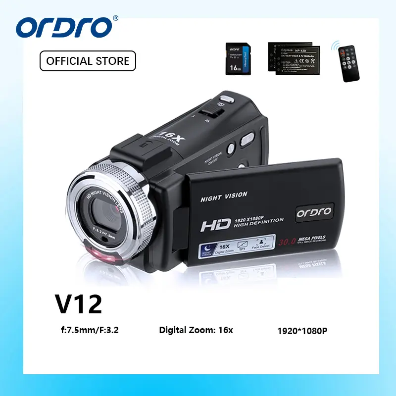 ORDRO HDV-V12 1080P HD Video Camera Camcorder with 16x Zoom, Infrared Night Vision Recording, Audio, Remote Control, 16G Memory Card, 2 Batteries for Hiking & Light Outdoor Use