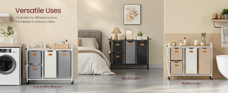 SONGMICS HOME Laundry Hamper with Compartments, Large Capacity Laundry Sorter, Rolling Laundry Cart with Shelves, Small Side Pockets, 6 Labels