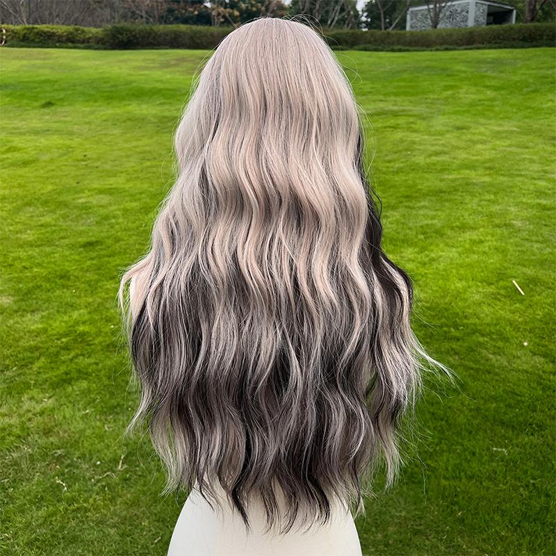 SMILCO/28Inch Highlight Black and Grayish-pink with Bangs Synthetic Hair For Halloween/Cosplay /SM391