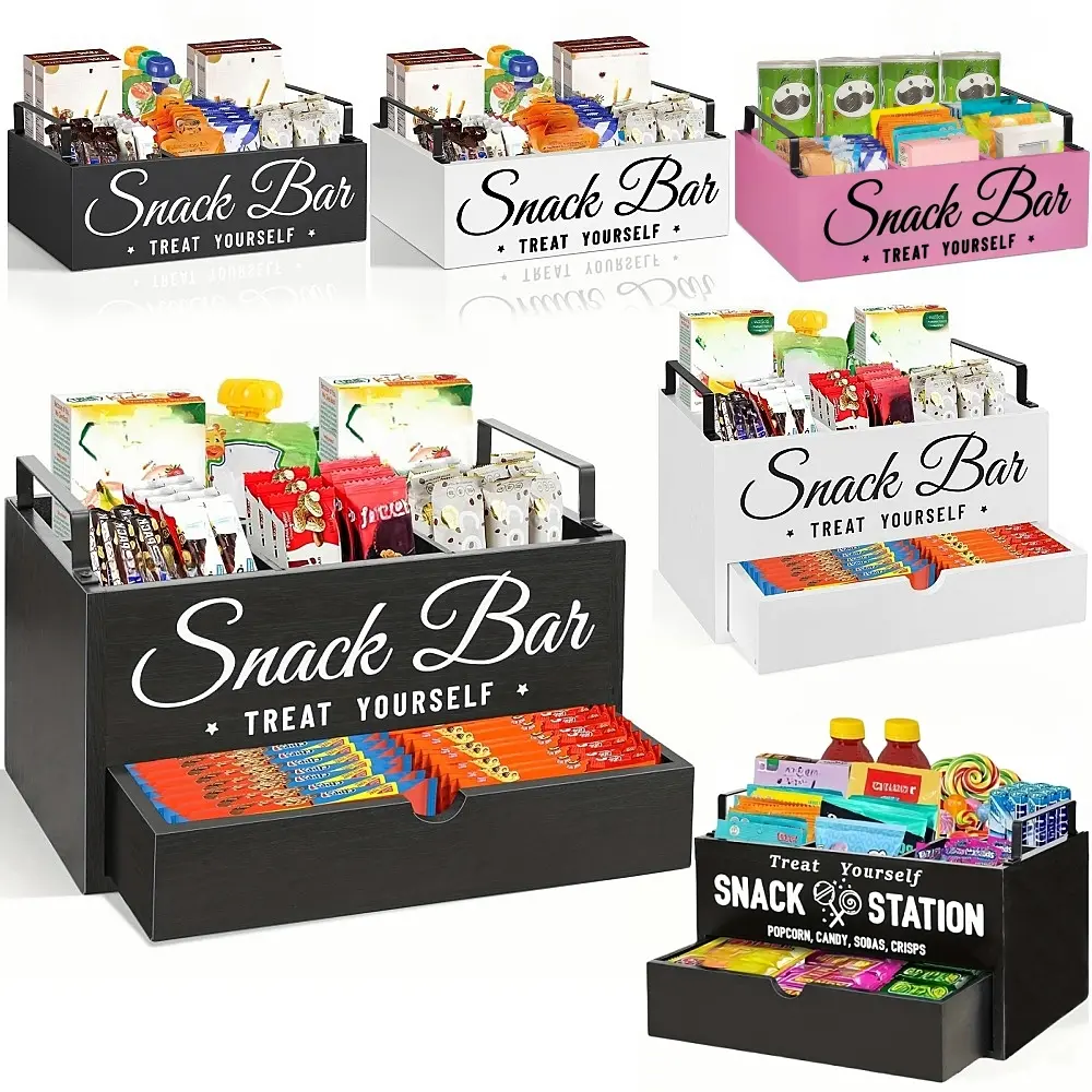Snack Organizer for Countertop, Wood Pantry Storage Bins with Handles, Snack Organizer for Pantry, Kitchen, 4 Compartment Food Container Snack Box with Drawer, Pantry Organizer for Snacks, Chips Cabinet Basket