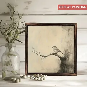 Vintage Bird and Branches Framed Wall Art - Minimalist Beige & Black Nature Decor, Artificial Wood Poster for Living Room, Bedroom, Office - Housewarming Gift, Easy Hang with Pre-Drilled Holes - 8x8 Inches, Bird Decor, Bedroom Artwork, Serene Home Accent,