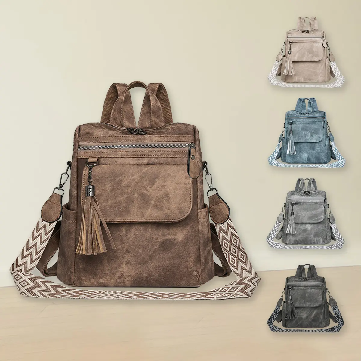 Women's Retro Elegant Vintage PU Leather Fashion Backpack - Everyday Backpack with Jacquard Adjustable Strap, Flap Pocket, Zipper Closure, Stylish Casual Daypack for Daily Use (Do Not Wash), Backpacks For School