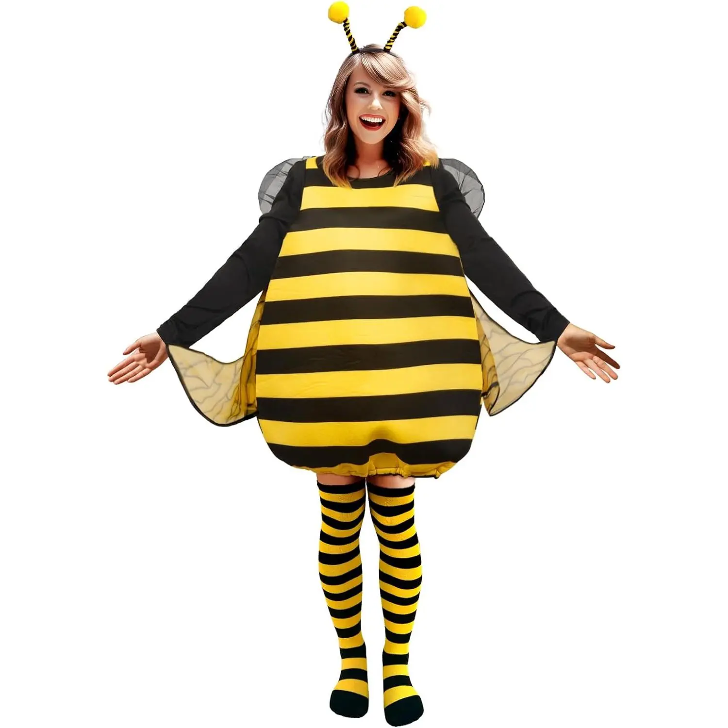 Adult Bumblebee Halloween Costume, Black and Yellow Striped, With Socks Wings and Antennae