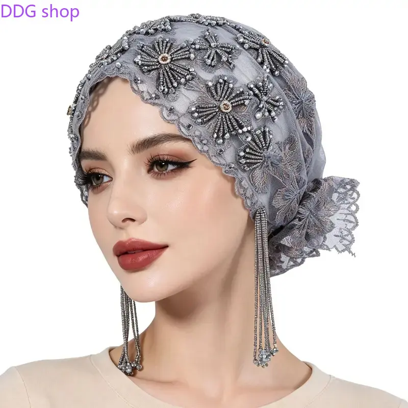 Women's Stylish All-Match Beaded Embroidery Lace Headscarf Hat - Heavy Craft Fringed Turban Cap, Exquisite Detail Wrap Headwear for Casual Party & Daily Outfits (Sports & Outdoor Accessories), Female