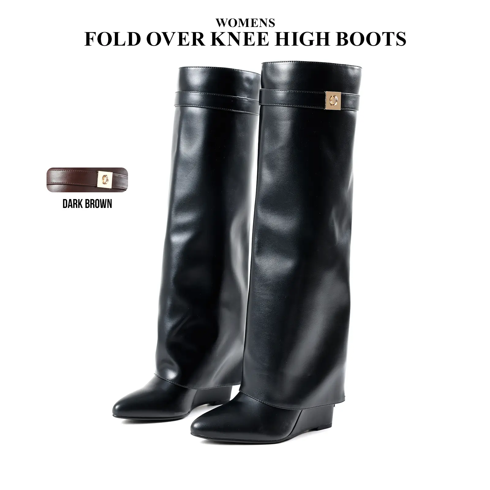 CYNLLIO Womens Fold Over Knee High Boots Pointed Toe Chunky Wedge Heels Pull On Comfy Fashionable Wide Calf Elegent Outing Clubbing Event Casual Work Daily Dress Summer Shark Fashion Boot Footwear