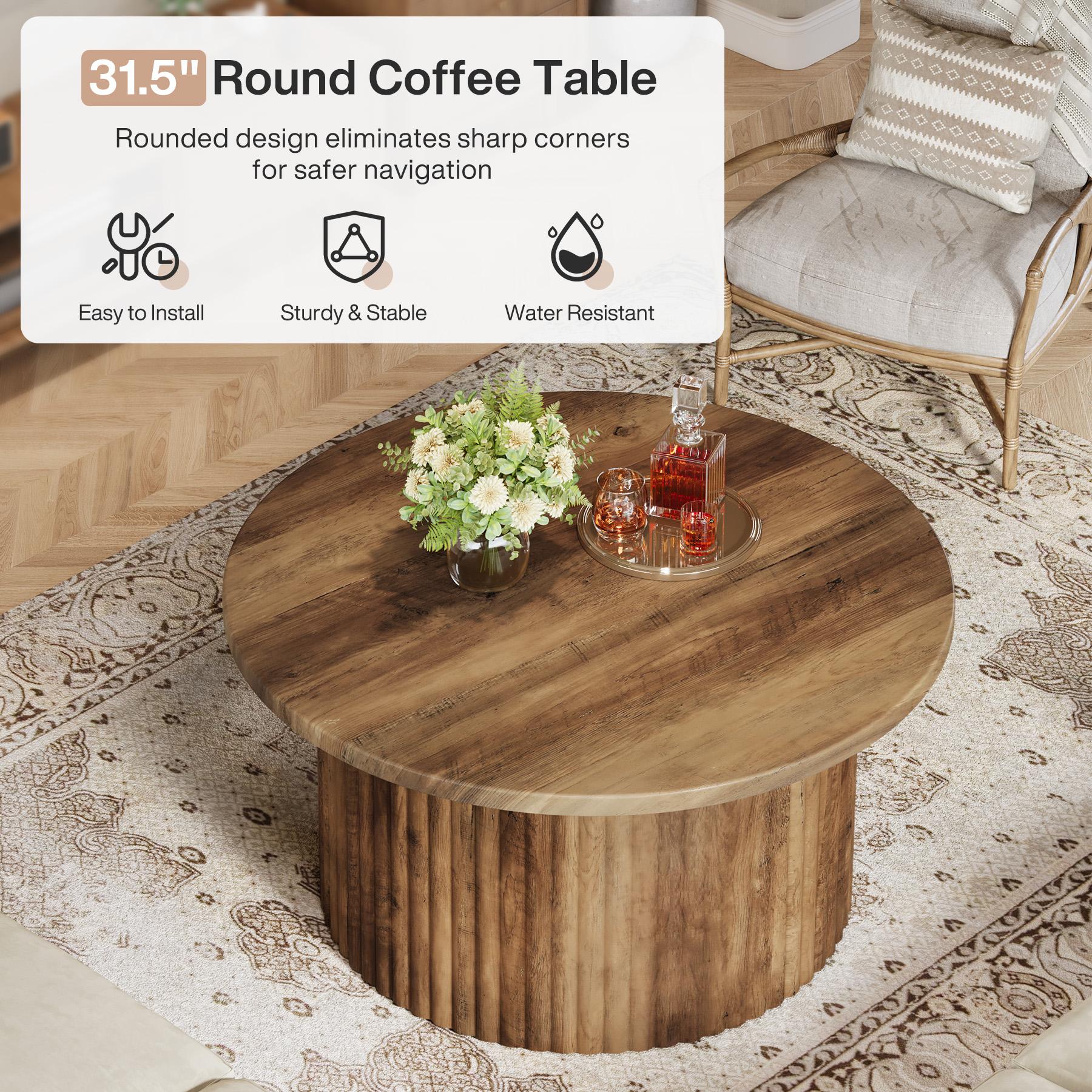 LITTLE TREE 31.5" Round Coffee Table, Farmhouse Circle Coffee Table with Metal Base, Modern Accent Center Table Sofa Side Table for Living Room, Home Office, Wooden Grain Veneer Top