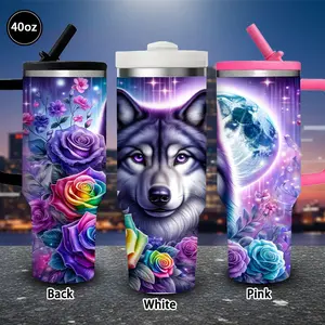 1 pc 40 oz Mystical Wolf & Roses Tumbler with lid and straw, winter insulated travel mug, gift for women and men, ideal for Valentine’s Day, Easter, birthday gifts, iced/hot coffee cup