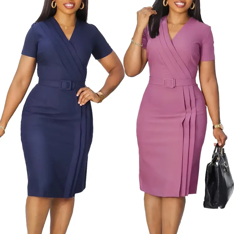 two-piece set woman Classy Official Dresses for Ladies Elegant Bodycon Dress Short Sleeve Wrap V Neck Modest Fashion Belt Formal Church Dresses Womenswear Chic Minimalist Shortsleeve Vneck