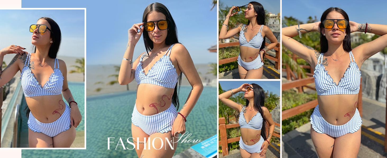 【S-XL】Hanna Nikole Women High Waisted Bikini Sets Ruffle, 2 Piece Bathing Suit Tummy Control, Sexy Retro Swimsuits Beachwear