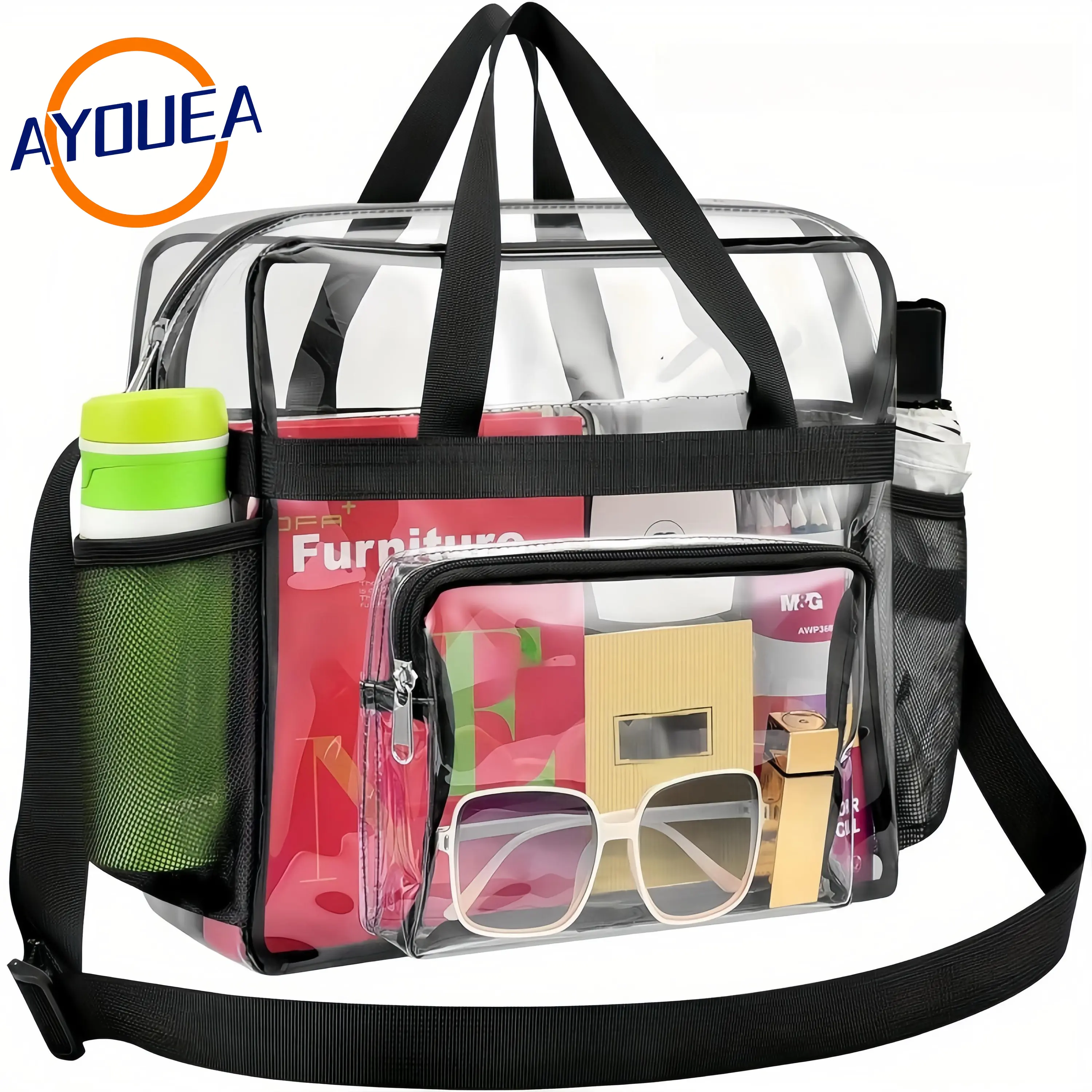 Stadium Approved Clear Crossbody Bag with Adjustable Shoulder Strap - Large 11LBS Capacity Transparent Tote for Events & Travel - Features Multiple Interior Compartments Secure Zipper Closure Mesh Side Bottle Pockets Sturdy Handles