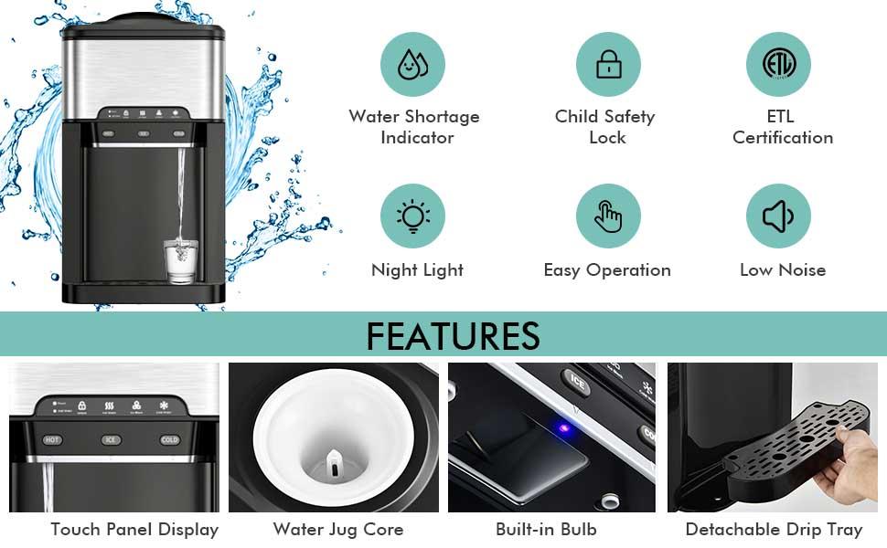 COSTWAY Countertop Water Cooler Dispenser with Ice Maker, 3 in 1 Top-Loading Hot & Cold Water Dispenser 5 Gallon, 48 LBS Daily-Ice, Portable Ice Cube Makers Machine for Home Kitchen Office Bar