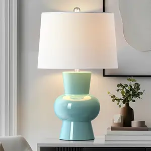 25.6" Blue Ceramic Table Lamp, Large Living Room Lamp, 1 Pack Vase Lamp With White Linen Lampshade, Modern Lamp.