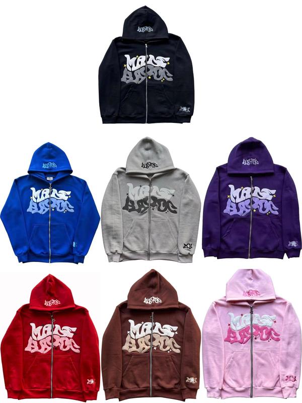 Men, women, versatile for daily use，Retro Star And Letter Printed Zipper Hoodies，Spring Autumn Harajuku Y2K Women And Men Fashion Hip Hop Long Sleeve Hooded  Avant-Garde - Street Casual    Spring/Fall    Loose    Zipper  Pocket  Patched