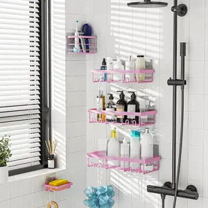 5-piece shower accessory storage rack, wall-mounted shelf for indoor showers, self-adhesive wall storage basket, rust-proof stainless steel shampoo rack, bathroom accessory decoration set caddy organizer rack shelf