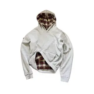 2025 Waffle Plaid Reversible Street Hip-Hop Menswear Fitted Long Sleeve Hoodie for Winter Casual Pullover Tops Smooth Sweatshirts Gray Checked Pattern