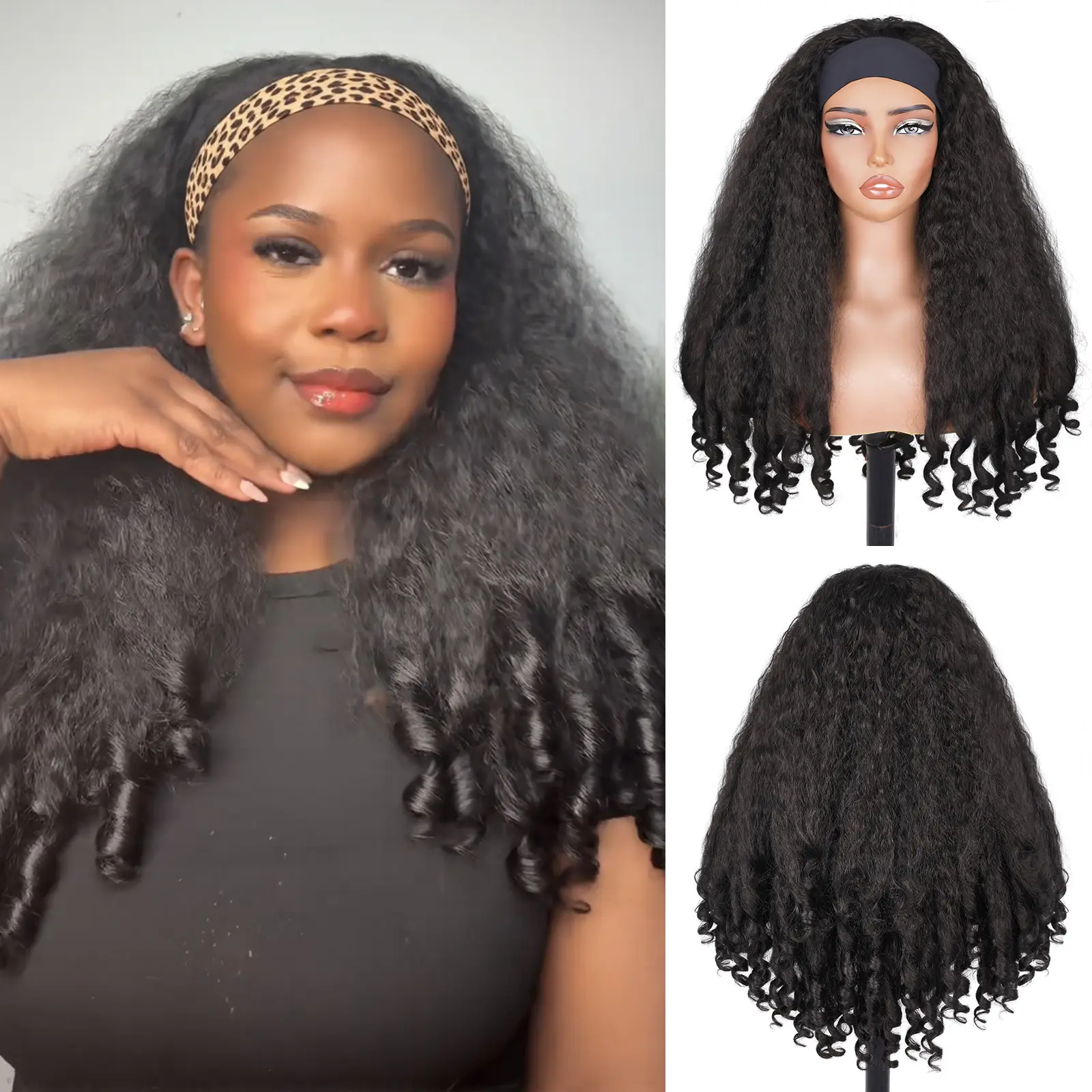 Lush Haute New Afro Headband with Curly in the End Wig Synthetic Hair Texture with Unique Bouncy Curls in the End 20 Inch Soft Curly Full Hair Headband Wigs Synthetic for Women No Leave out Glueless Wig