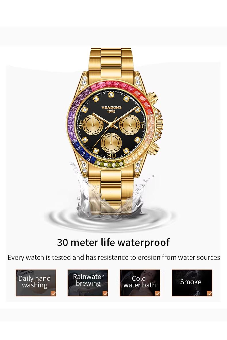 VEADONS Men's Business Fashion Rhinestone Decorated AnalogQuartz Watch Rainbow Crystal Chronograph Quartz Movement Luminous Date WaterResistant for Party Daily Wear Birthday Gift with Box