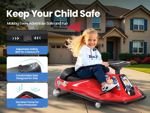 PHI VILLA Kids Electric Drift Car, 2 Speed Wiggle Go Kart for Boys & Girls Ages 3+, 24V Crazy Cart, Front Lights, Bluetooth Music & Safety Harness