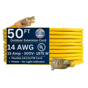 US Wire and Cable 14/3 Gauge Lighted Heavy Duty General Purpose Extension Cords – 14/3 Gauge, Yellow, Kink-Resistant, Heavy Duty, Power Indicator Light, SJTW, Made in USA