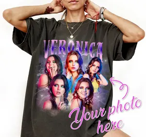Women's Ribbed Custom Photo Fleece T-Shirt - Kangaroo Pocket, Breathable Streetwear Apparel, 90s Vintage Bootleg, Multi Photo With Name, Retro Lightning Graphic, Oversized Washed Unisex Matching Gift Top