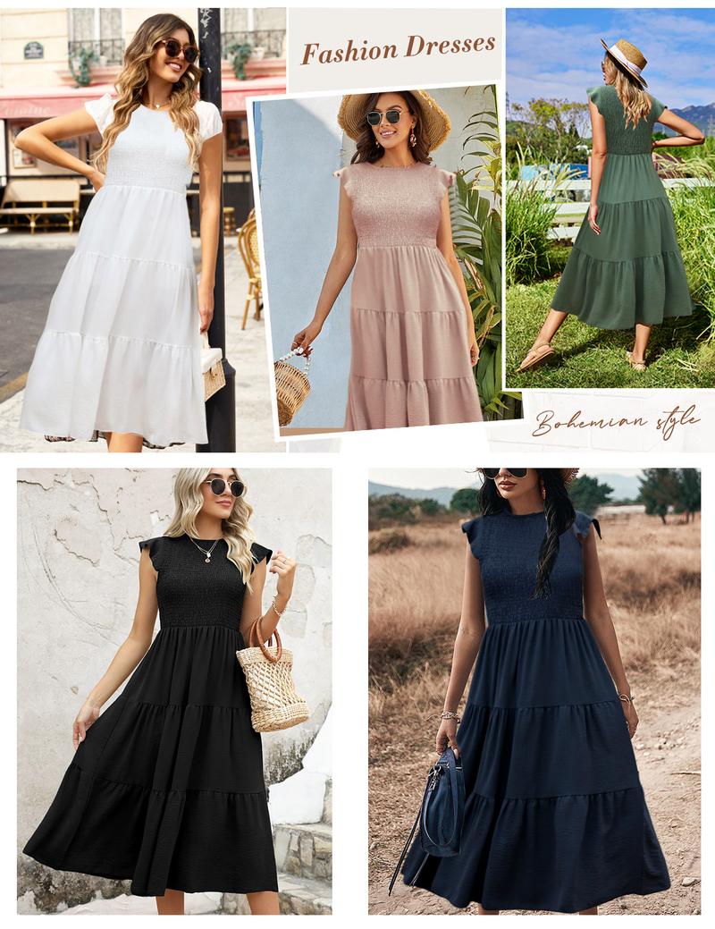 UMIPUBO Summer Flutter-Sleeve Ruched Layered Maxi Dress Casual Womenswear Summer Basic Minimalist