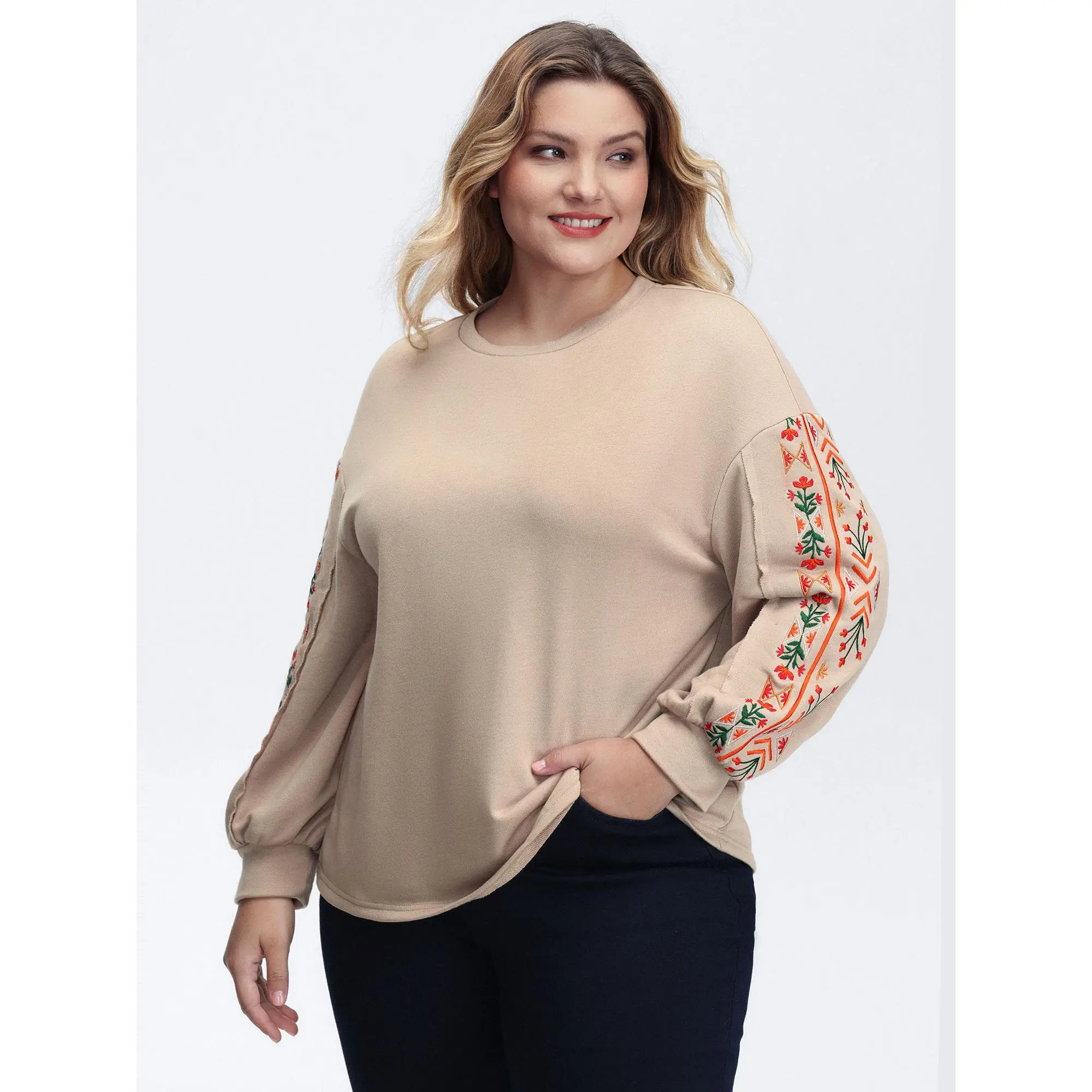 【 Comfy Chic】Bloomchic Floral Embroidered Sleeve Sweatshirt Brown Polyester ,Summerfinds Womenswear Tops