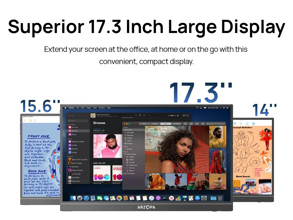 ARZOPA Portable Monitor 16.1"/17.3" FHD 1080P 60Hz/144Hz Laptop Screen Extender for PC Mac Xbox Switch PS5 iPhone IPS Display Computer Display HDR External Screen Game Workfromhome