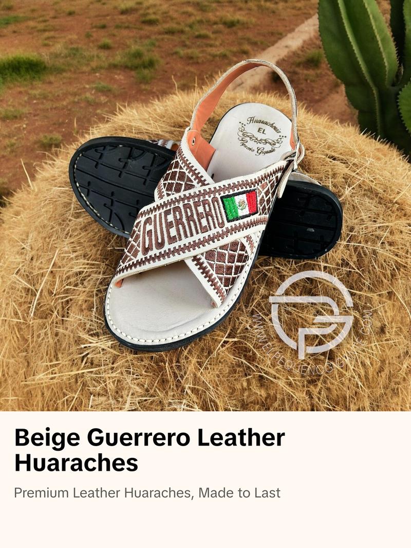 Guerrero Mexico Huarache Cruzado Bordado en Piel Beige