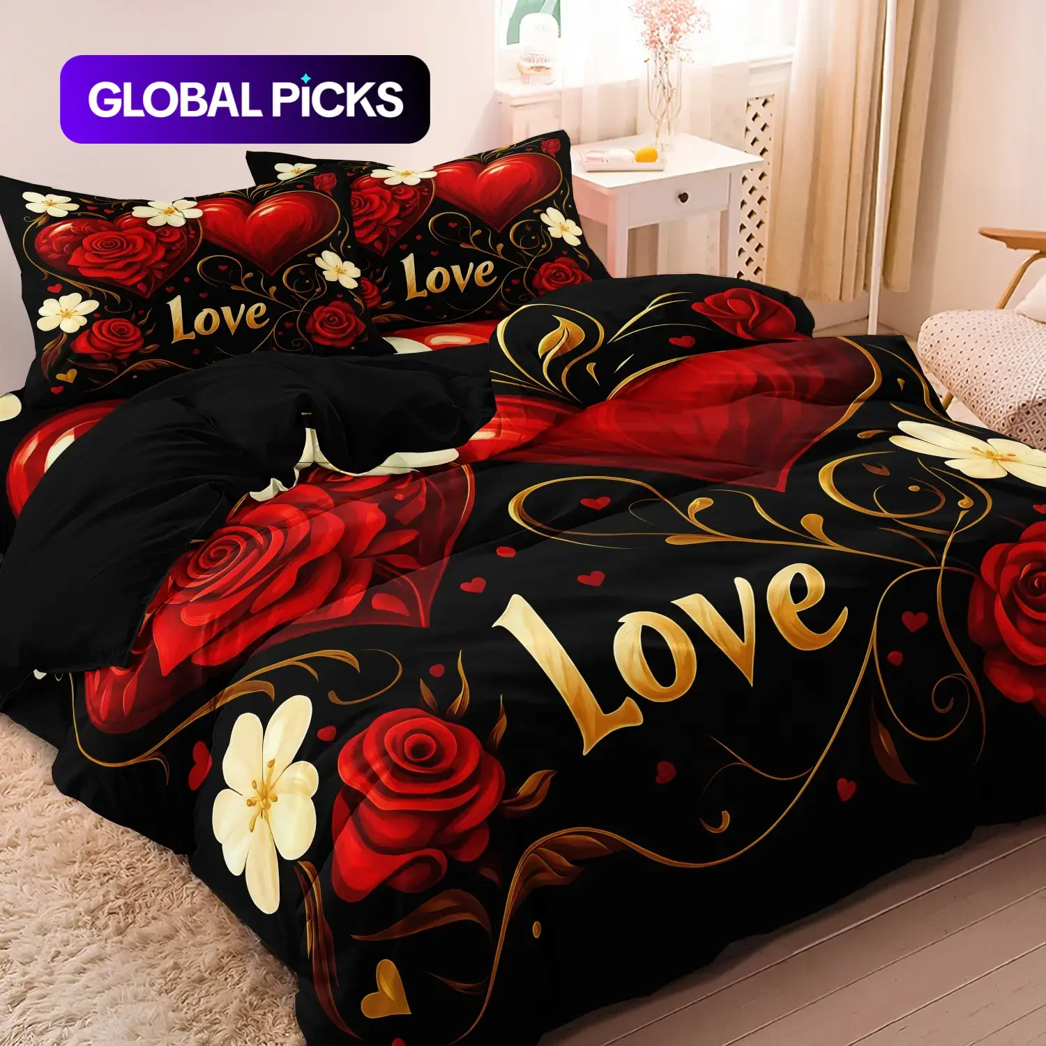 3 PCS Deep Red Rose Heart Design Duvet Cover Set, Bed Covers, Comfy Bedding Sets Decorative Bedding for Bedroom & Hotel, Holiday Gift (1 Duvet Cover + 2 Pillowcases, No Comforter, No Pillow Insert) #GLOBAL PICKS