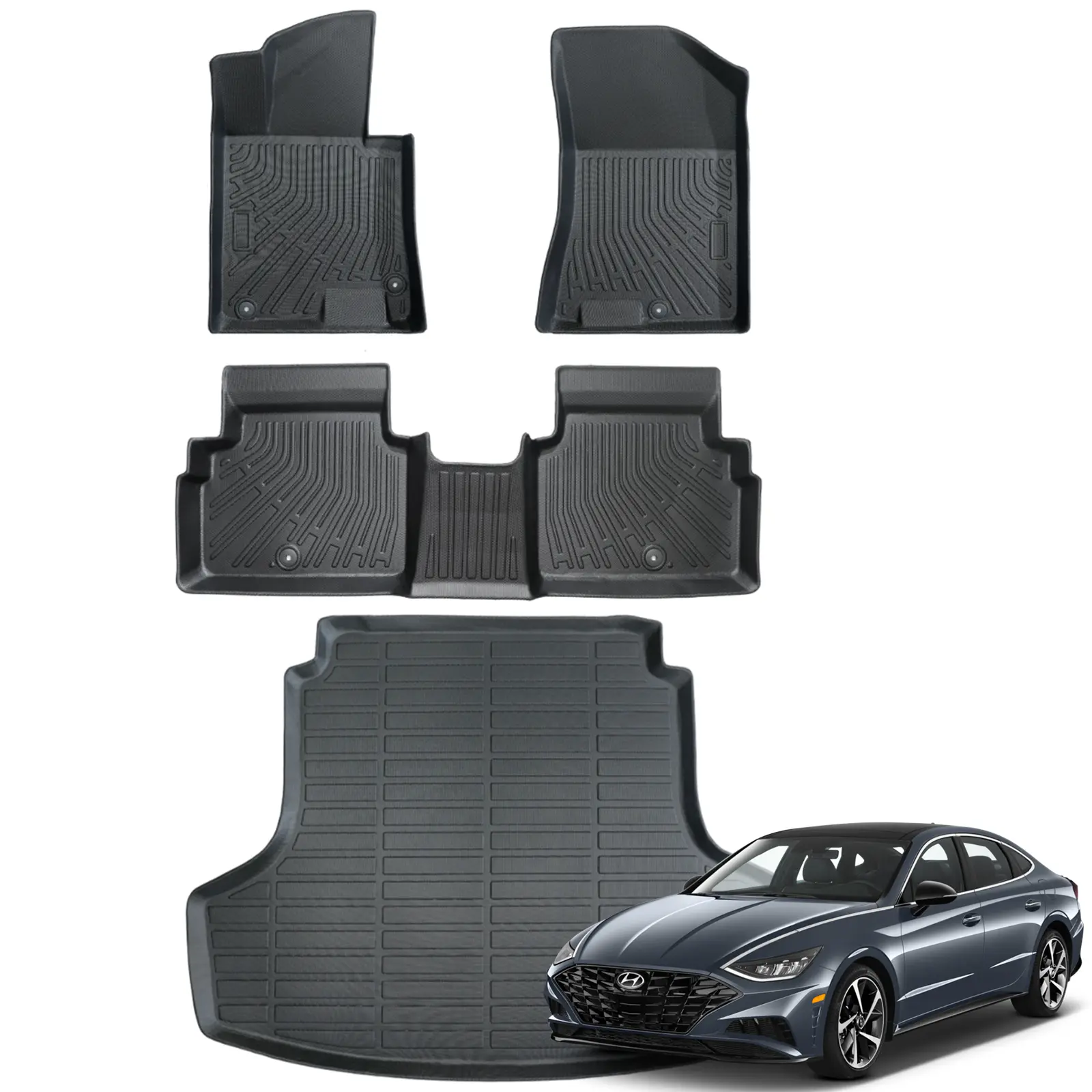 Canvcle Floor Mats & Trunk Mat for Kia K5 2021-2026 (Only FWD Model)  & Hyundai Sonata 2021-2026 All-Weather TPE Rubber Liners Front Rear 2 Row Cargo Protection Custom Fit High Wall Easy Clean
