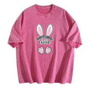 Easter Shirts for Women Cute Bunny Shirt Happy Easter Casual Spring Tops Round Neck Pure Cotton Macaron Colors - Womenswear