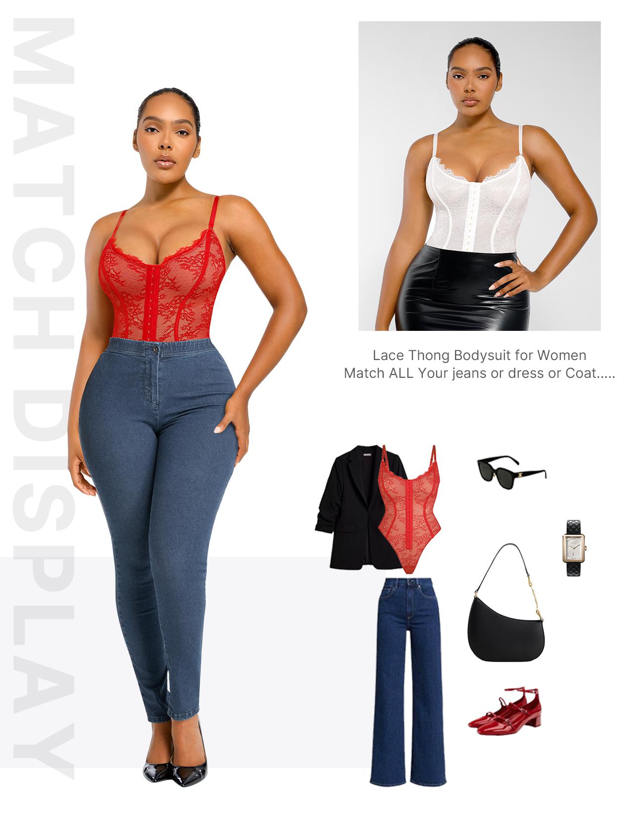 Shapellx Lace Glamour Thong Bodysuit Tummy Control Tops Front Button Design Sexy Womenswear Fit Skinny