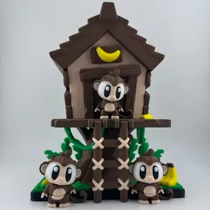 Monkey Tree House Container with Articulated Monkeys 3D Printed Figurines Home Decoration Set
