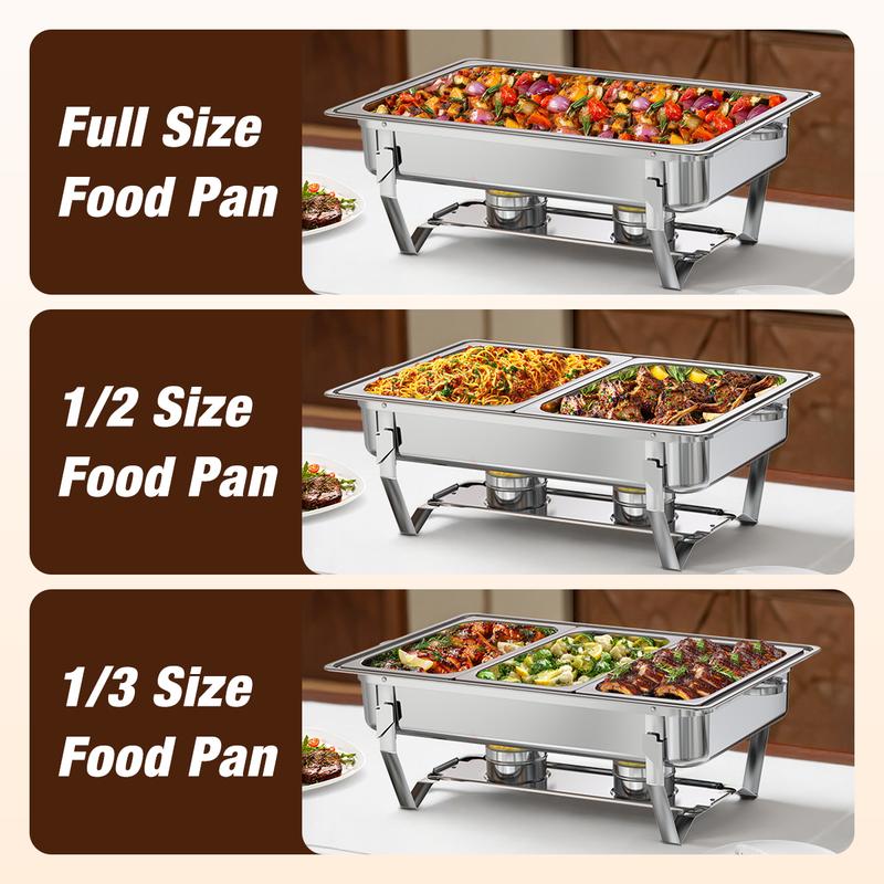 WARMOUNTS  Rectangular 9QT Chafing Dishes for Buffet with Upgraded Multi-Size Food Pans (9QT, 2Pack/4Pack), Large Chafing Dish Set w/Mirror-Polished Stainless Steel, Rolled Rim, Foldable Frame for Party (full-size, 1/2 Size, 1/3 Size Food Pan)