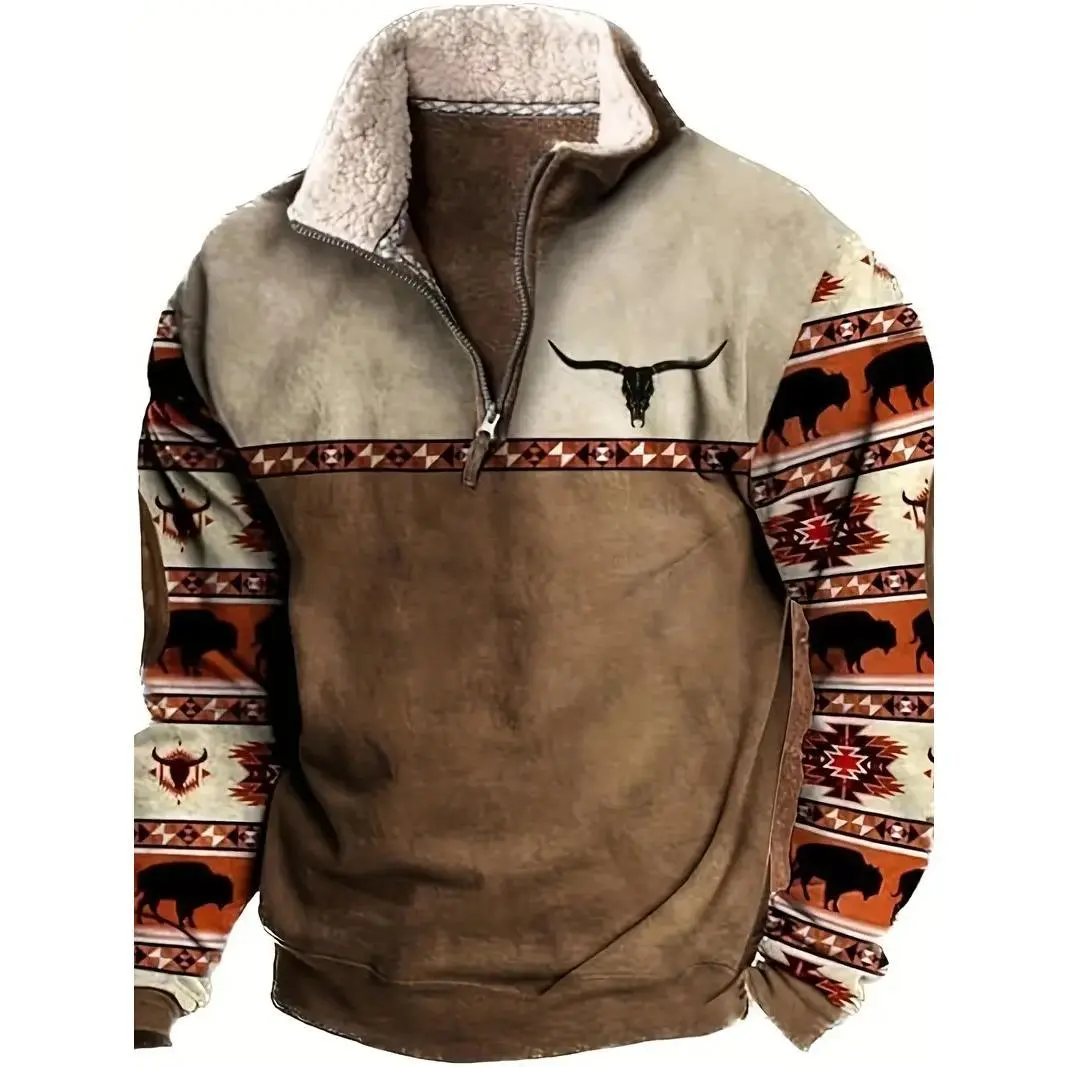 ¡Esta sudadera gruesa de borreguito con estampado étnico y bordado de toro es increíblemente elegante y con estilo!