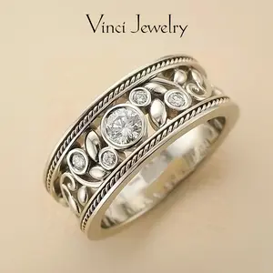 925 Sterling Silver Elegant Vintage Floral Design Women'S Ring, Minimalist Cross Cut-Out Style Wide Band, S925 Sterling Silver with Synthetic Zirconia Accents, Daily Wear Jewelry Accessories Gift for Unisex