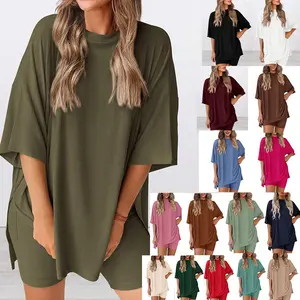 Women's Round Neck Two-Piece Set, Summer Casual Loose Hem Shirt with Side Slits & Side-Pocket Cycling Shorts, Minimalist Loungewear, Soft Viscose Fabric, Comfortable Homewear, Cozy Pajamas, Holiday Gift for Women. Tshirt Womenswear
